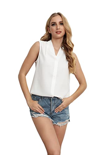 SUNNOW Womens Chiffon Blouse V Neck Sleeveless Shirt Casual Work Tops White Slim Fit Summer Tunic Tank Top