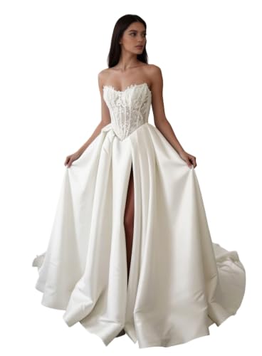 Luovihkra Women's Lace Applique Corset Satin Wedding Dress Strapless A-Line