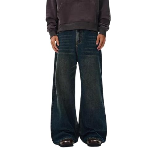 Mens Solid Color High Waisted Denim Pants Washed Straight Fit Loose Wide Leg Casual Trousers