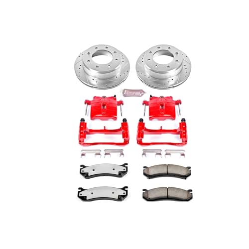 Image of PowerStop Rear Brake & Caliper Kit for Chevrolet Silverado 1500 HD 2001-03 |Silverado 1500 HD 2005-06 - Drilled & Slotted Disc Rotors + Z36 Brake Pads + Red-Powder Coated Calipers, KC2036A-36