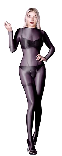 SOFSOT Ultra Sheer Full Bodysuit for Women Long Sleeves Shiny Jumpsuits One-Piece Glossy Catsuit Nylons Full Body Leotard