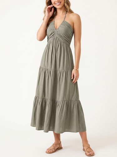 Image of Women's Casual Halter Tiered Vacation Maxi Dress with Pockets