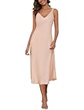 ouansyltg Women Long Silk Nightgown Satin Slip Dress Sexy V Neck Sleepwear Sleeveless Nightshirt Wide Strap Chemise Apricot