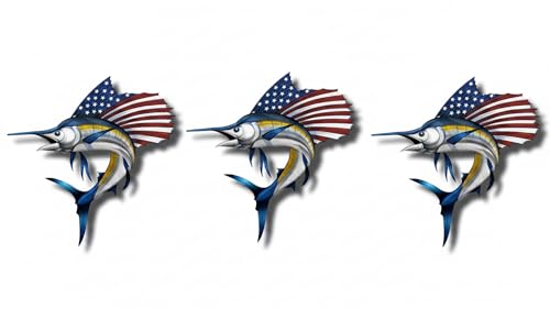 Image of USA Marlin Fish Sticker Patriotic 3 Pieces Set, Salt Water Fish Sticker, Swordfish Decal, 6 Inches - Car Bumper, Laptop, Tumbler Helmet, Self Adhesive Vinyl, Weatherproof