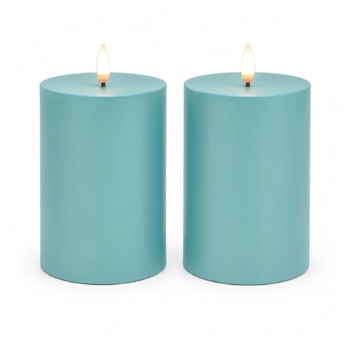 Image of ANGELLOONG Blue Battery Operated Pillar Candles, 3 x 4 Inch, Set of 2 | Blue Flameless LED Candles, 6-Hour Timer, Waterproof Table Decor for Patio, Porch and Centerpieces