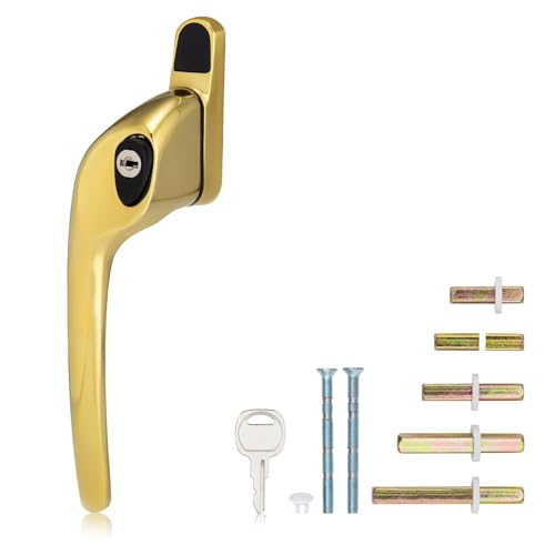 XFORT Cranked Locking Window Handle Installation Kit in Polished Brass, Left Hand UPVC Window Handle Replacement, Offset Lockable Window Lever