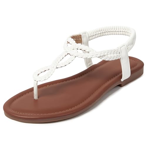 Image of iCKER Womens Braided T‑Strap Flat Sandals Elastic Stretch Ankle Strap | Boho cute casual lightweight and comfort matches dresses for beach vacation