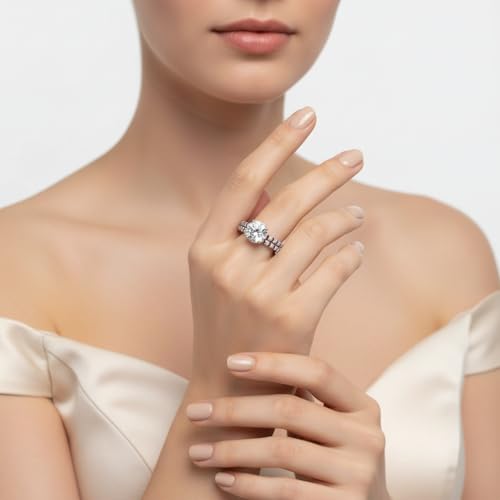Image of Choose Your Gemstone Hidden Diamond CZ Wedding Set 925 Sterling Silver Round Shape Wedding Ring Sets Minimal Modern Design Birthday Gift Wedding Gift US Size 4 to 12