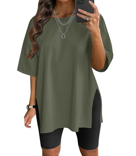 VNIRA Plus Size T Shirt for Women Oversized Cotton Short Sleeve Workout Top Loose Fit Side Split Casual Basic Tunic Top