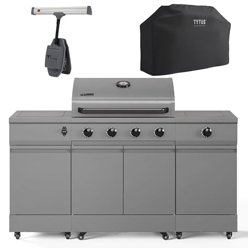 Tytus Fresno 5 Burner Propane or Natural Gas Island Grill with Cover and LED Light - 864 sq. in. Cooking Area, 48,000 BTU Grill, 12,000 BTU Side Burner - All Gunmetal