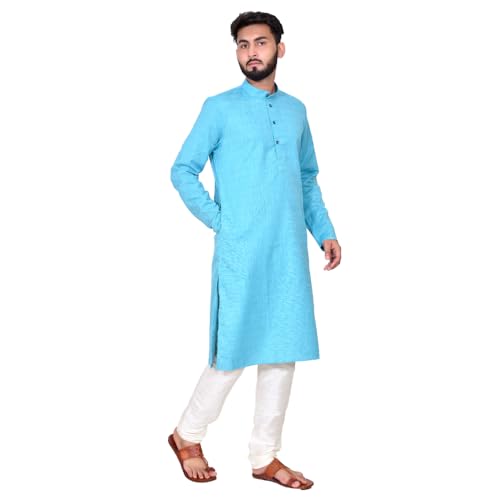 RICHART Men’s Traditional Solid Linen Kurta Pajama Set, Mandarin Collar Ethnic Daily Wear with White Bottoms2