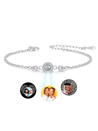 Jovivi Bracelet de Projection Photo Personnalisé pour Femme avec Image Rond à l'Intérieur, Pendentif Cerclé le Ziron Acier Inoxydable Cadeau pour Maman...