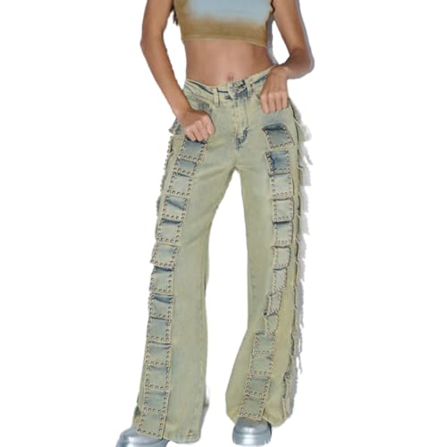 Molilove Women's High Rise Jeans Vintage Baggy Jeans Wide Leg Bell Bottom Studded Patch Stacked Denim Pants Y2k Streetwear