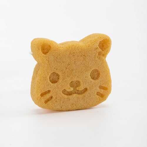Larminly Éponge en fibre de racine konjac naturelle pour enfants Chaton jaune 9x7x2cm Doux léger avec cordon de forme animale Éponge bébé mouillage délicat sur peaux sensibles