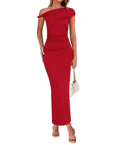 Image of BTFBM Women Formal Cocktail Dresses Summer 2026 One Shoulder Twist Strap Ruched Bodycon Elegant Wedding Party Maxi Dress