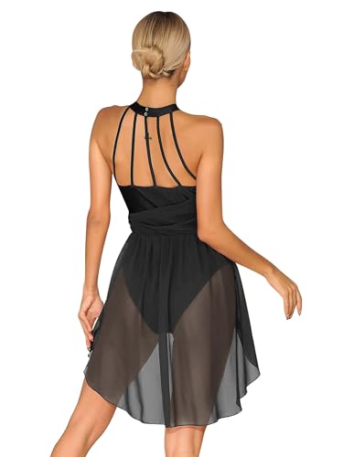 Foto von Jowowha Damen Ballettkleid Neckholder Eiskunstlauf Kleid Ballettanzug mit Asymmetrisch Rock Ballett Trikot Tanzbody Modern Lyrisch Tanzkleid Aa Schwarz S