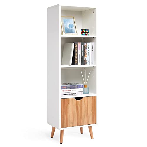 Meerveil Bibliothèque, Meuble de Rangement avec 1 Tiroir 3 Espaces Ouverts Style Nordique pour Salon Chambre Bureau, 40 x 30 x 129 cm, Blanc et Chêne