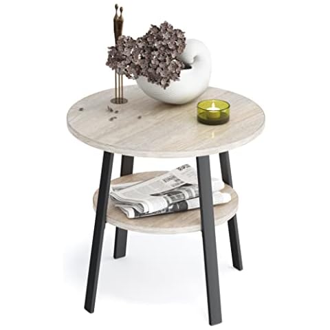 stardis Side Table Round Sturdy Metal Frame / Wood Diameter 43 x Height 44 cm 2 Shelves Bedside Table Coffee Table for Living Room Bedroom Oak Effect Cover