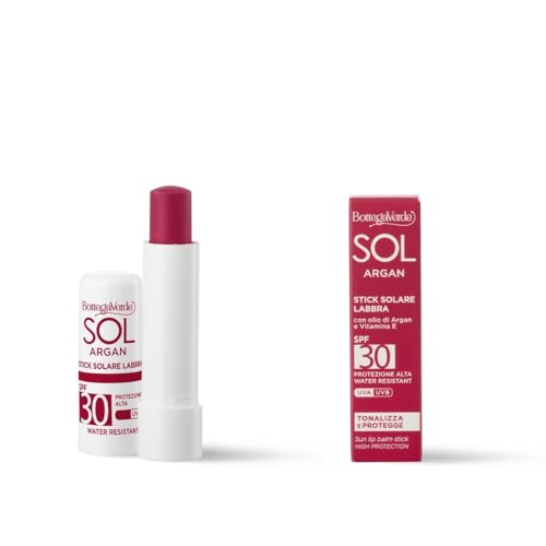 Bottega Verde - SOL Argan, Stick Labbra Solare, 5 ml, SPF 30, Arricchito con Olio di Argan e Vitamina E, Senza Siliconi, Resistente all'Acqua, Idrata, Protegge e Tonalizza Delicatamente, Colore Rosso