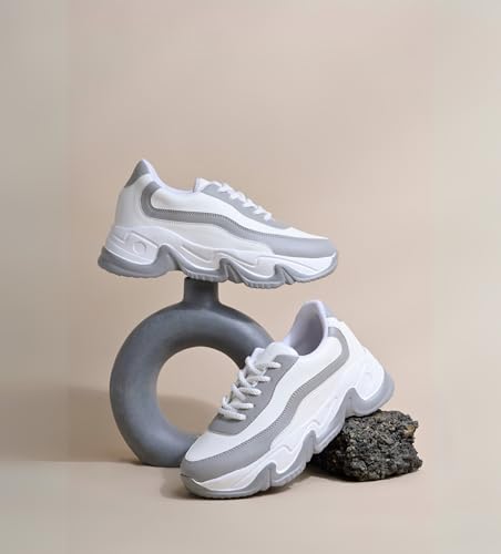 Image of JM LOOKS Women Lace-Up Sneakers Casual Shoes Monochrome Chunky Sneakers for Women & Girls