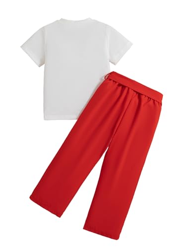 Image of Kids Toddler Girl Clothes Letter Print Graphic Top and Belted Pants 2PC Summer Clothing Set (Red, 2T-3T)