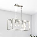 Lanhall 5-Light Pendant Lights for Kitchen Island Modern Dining Room Chandelier Linear Rectangular Kitchen Light Fixtures Hanging Lights for Dining Room Adjustable Height E26 Base Brushed Nickel