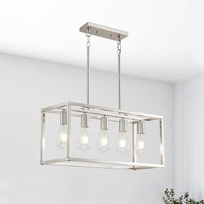 Lanhall 5-Light Pendant Lights for Kitchen Island Modern Dining Room Chandelier Linear Rectangular Kitchen Light Fixtures Hanging Lights for Dining Room Adjustable Height E26 Base Brushed Nickel