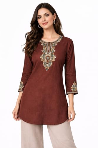Image of HAUTEMODA Women Cotton Floral Embroidered Short Kurti, Tunic, Three-Fourth Sleeves, White