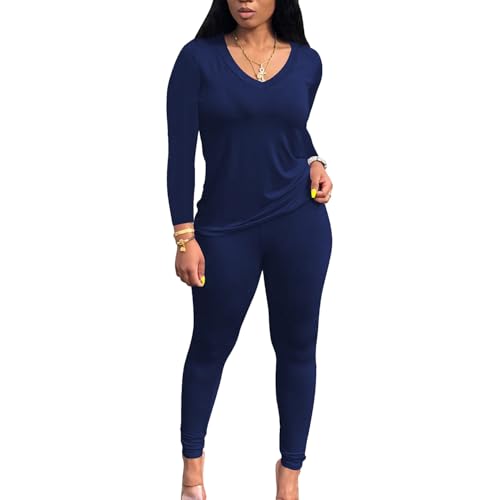 PINSV Womens Tracksuits 2 Piece Outfits Sweatsuit Long Sleeve Top Jogger Legging Pants Sets Navy Blue S