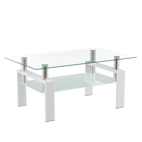 MOG CASA   Mesa de Centro 100 x 60 x 44 cm Porter, Mesa de Cafe Rectangular con Vidrio Templado Transparente 6 mm y Estructura Blanca, diseño Elegante, para salón y Zona Lounge
