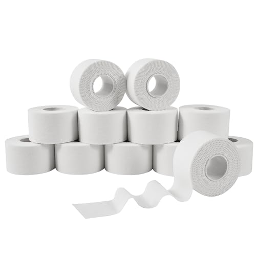 Vendaje deportivo   3.8cm x 10m (12 Rolls) – Cinta deportiva adhesiva color blanco para tobillo, muñeca, rodilla y pie, Sport tape para todos los deportes Bat, levantadores, escaladores y boxeo