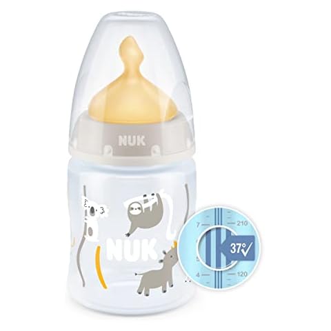 NUK First Choice+ Baby Bottle| 0-6 Months | Temperature Control | Anti Colic Vent | 150 ml | BPA-Free | Latex Teat | Safari (Beige) Cover