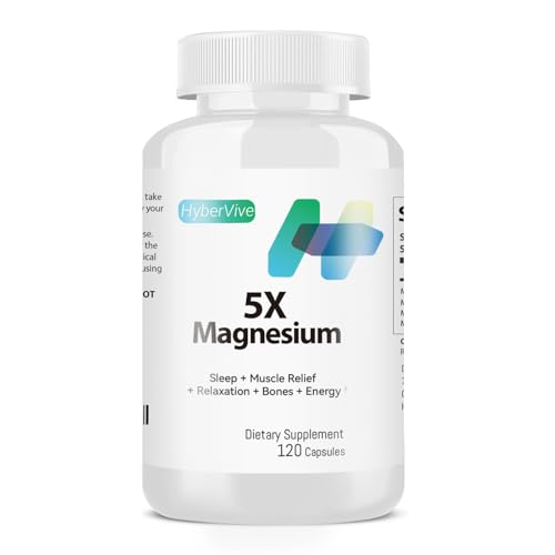 HyberVive Magnesium Glycinate Supplement – 5X Magnesium Blend with Aquamin for Optimal Absorption, Citrate, Malate, Oxide to Support Relaxation, Muscle & Nerve Function, 500mg, 120 Capsules