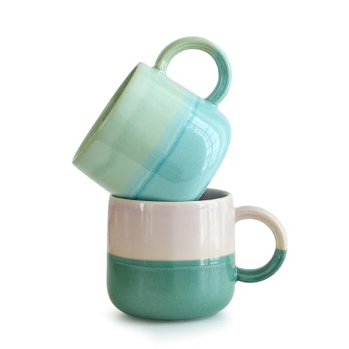 DELIGHTS GALORE 2 Pack Large Coffee Mugs 16 Oz - Hand Painted Gradient Ceramic Cups, Microwave & Dishwasher Safe. Aesthetic Pink Green Tea Mug Set for Women, Unique Kitchen Decor Gift