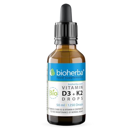 Vitamin D3 + K2 Drops by Bioherba – High Strength MK-7 & MCT Oil Formula | 1250 Drops | Vegan Liquid Supplement with No Additives