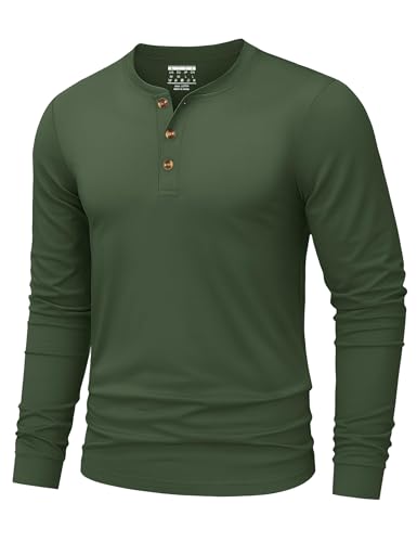TACVASEN Mens Henley T Shirt Long Sleeve Casual Classic Grandad Collarless Tee Shirt Fashion Cotton Plain Button Shirts Green L