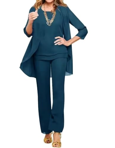 Chiffon Mother of The Bride Pant Suits for Wedding Guest 3 Pieces Formal Outfits for Women Dressy KW004 Teal