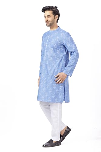 Image of Studio Shringaar Men's Cotton Blend Relaxed Fit Ikat Printed Knee Length Kurta
