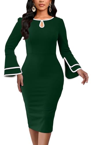 Image of ZonJie Church Dresses for Women Bell Sleeves Business Wear to Work Cocktail Party Pencil Casual Dress
