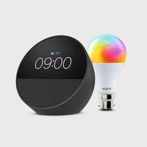 Image of All New Echo Spot (Black) Smart Home Speaker Combo with Wipro 12W Simple Setup Smart Bulb | with Bluetooth and Alexa