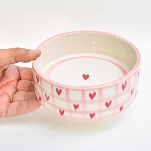 Image of Cute Heart Pattern Ceramic Bowl - Handmade, Checked Design | Breakfast, Soup, Snack Bowl | Dishwasher Safe