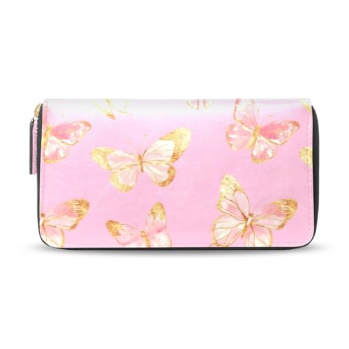 Long Wallets Leather Bifold Wallet for Women Butterfly Watercolor with Zipper Credit Card Holder Large Capacity