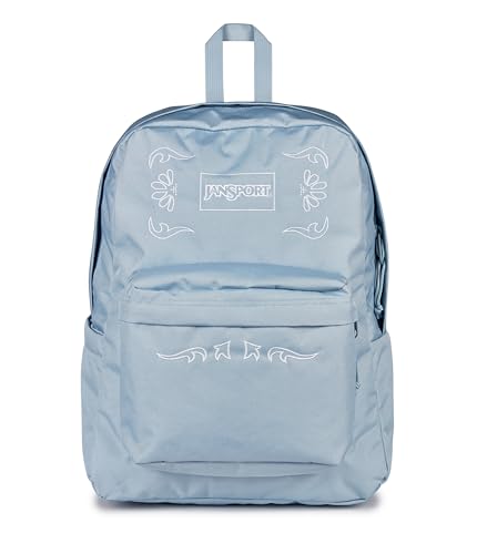 Image of JanSport Superbreak Plus FX Backpack - Work, Travel, or Laptop Bag with Water Bottle Pocket, Superbreak Plus Fx, Bandana Jam Emb Blue Dusk /White /White