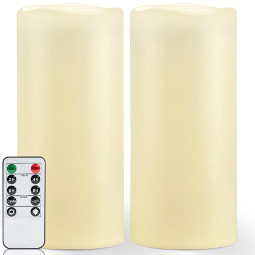 Image of Homemory Dark Ivory Flameless Candles, Waterproof, Remote Timer, 2 Pack | Large outdoor flameless candles, D5 inchxH12 inch, IPX5 waterproof, battery operated, outdoor lanterns, porch, patio, wedding decor