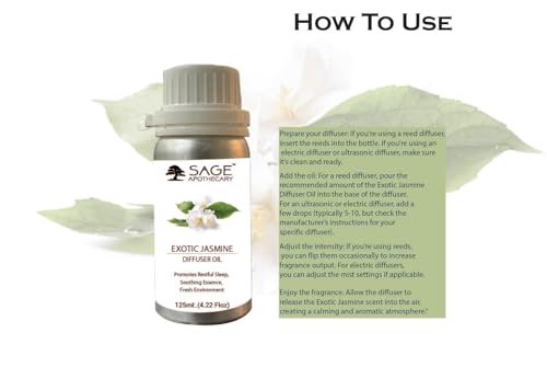 Image of Sage Apothecary Diffuser Oil for Relaxation, Calm Mood, 125 ml (Exotic Jasmine) | Aromatherapy Essential Oil Blend for Stress Relief, Sleep Aid, and Mental Clarity | 100% Pure Natural Ingredients