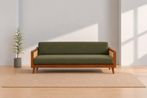 Image of Sainistree Sheesham Wood 3 Seater Sofa | Solid Wood Cane & Rattan Sofa for Living Room | Mid-Century Modern Accent Sofa | Green Upholstery, Teak Brown Finish (3)