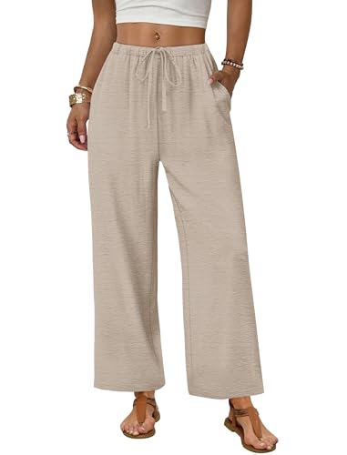 Sampeel Linen Pants Women Wide Leg Palazzo Capri Pants for Women Flowy Casual Boho Summer Spring Outfits Cruise 2026 Resort Wear Beach Vacation Clothes Travel Trouser Fashion Clothing Khaki L