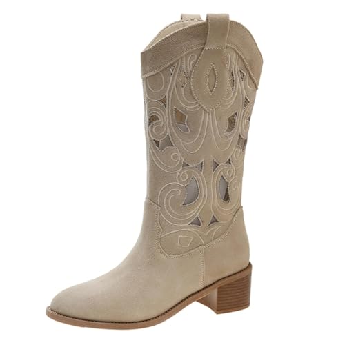Cowboy Western Boots for Women Slip-On Vintage Hollow Out Slouchy Suede Boots Mid Calf Western Pointed Toe Cowgirl Boots