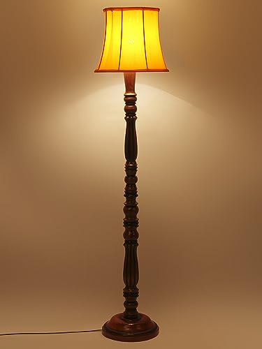 Image of Cylindrical Drum Floor Lamp with Wooden Base - Height 57 Inches, Yellow | Modern Standing Lamp for Home, Living Room, Bedroom & Office | Elegant Lighting Decor | Cotton