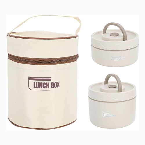 daiDokoro Plastic 2 Insulated Container Lunch Box Set with Thermal Bag & Cutler for Students/Office/College/Picnic - (Beige, 970 ML)